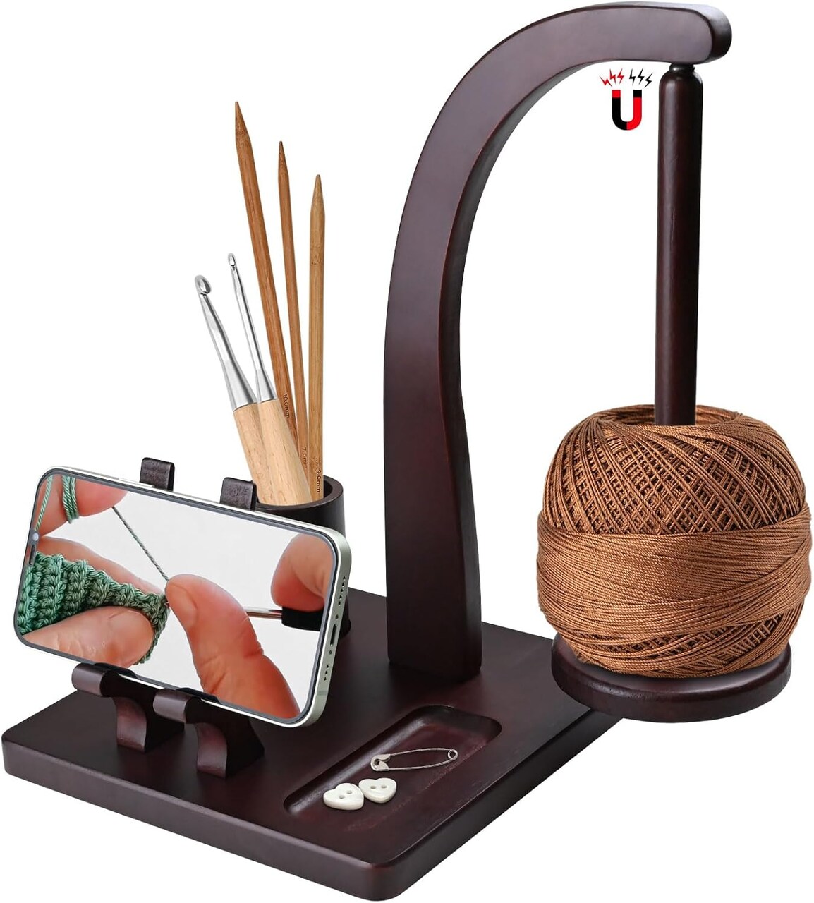 Magnetic Yarn Holder for Knitting and Crocheting, Wooden Yarn Spool Rack